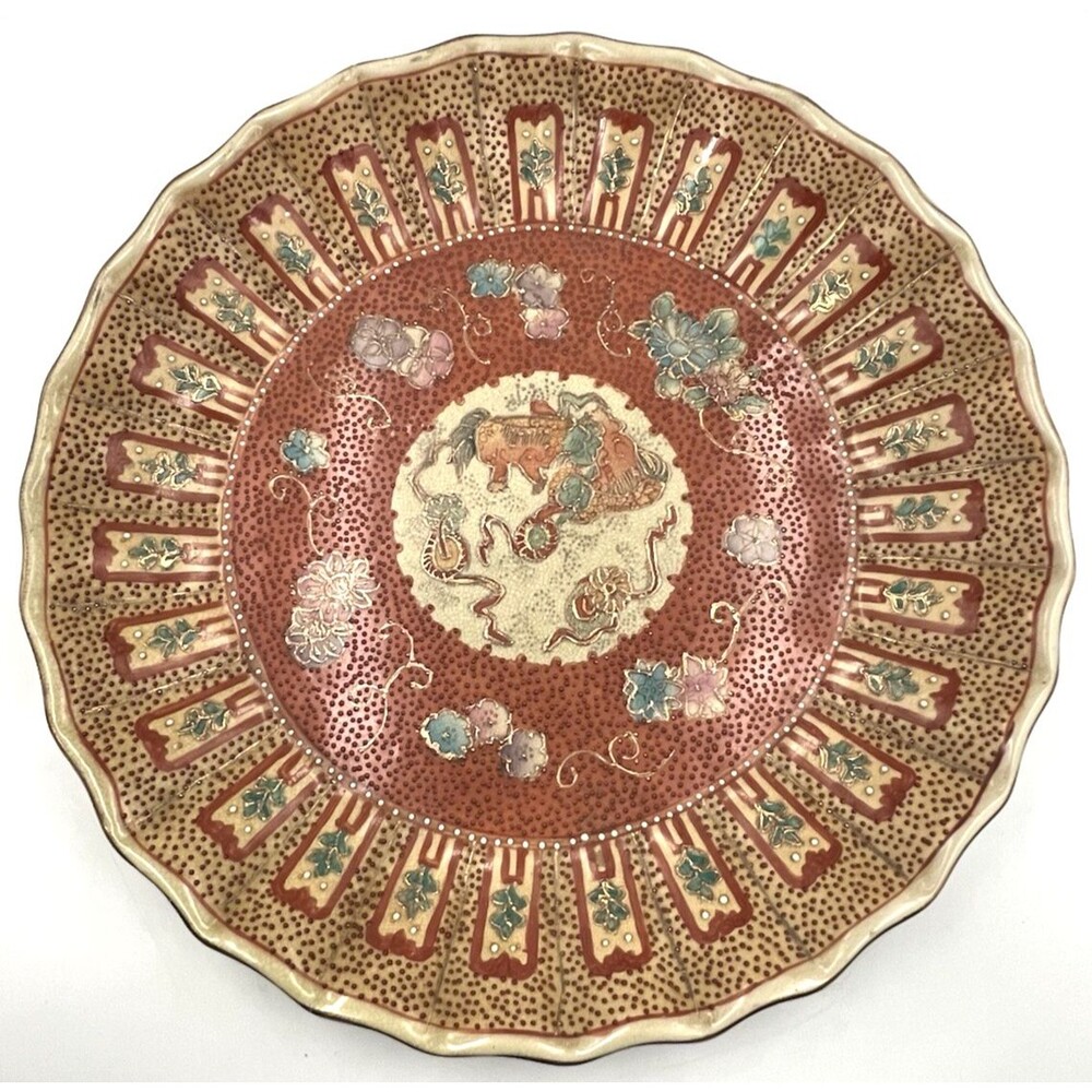 Antique Japanese Arita Imari Scalloped Rim Porcelain Platter 14.5"